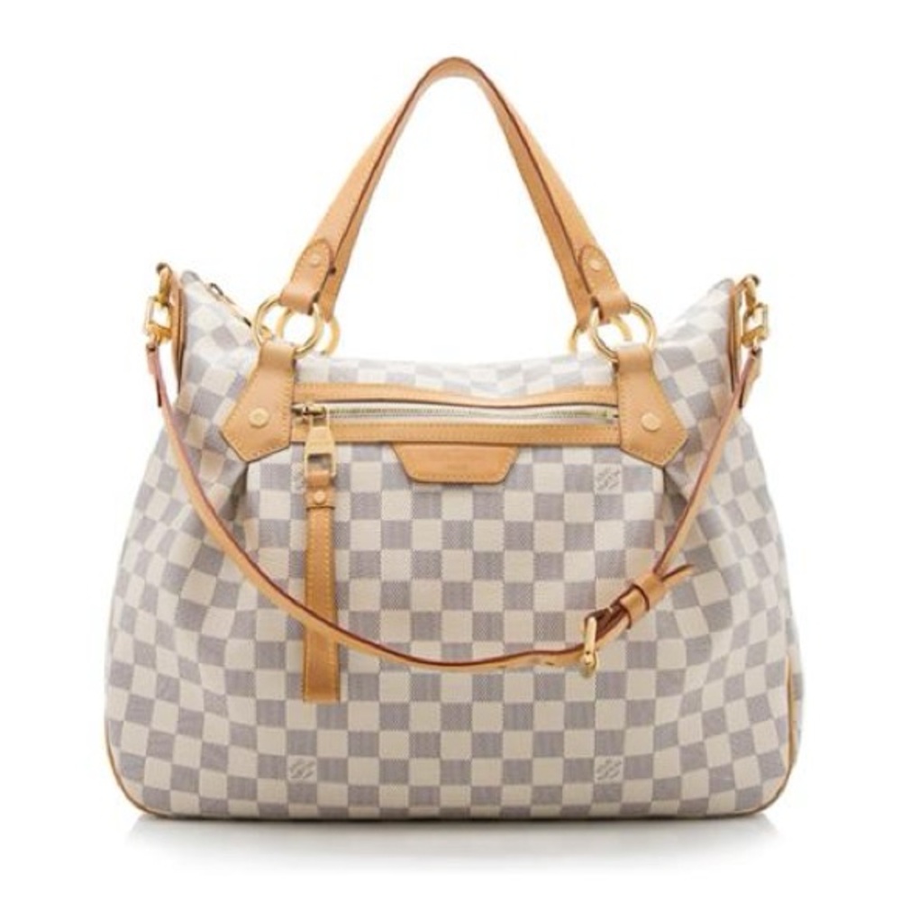 Checker Canvas Tote Bag with Tan Leather Trim